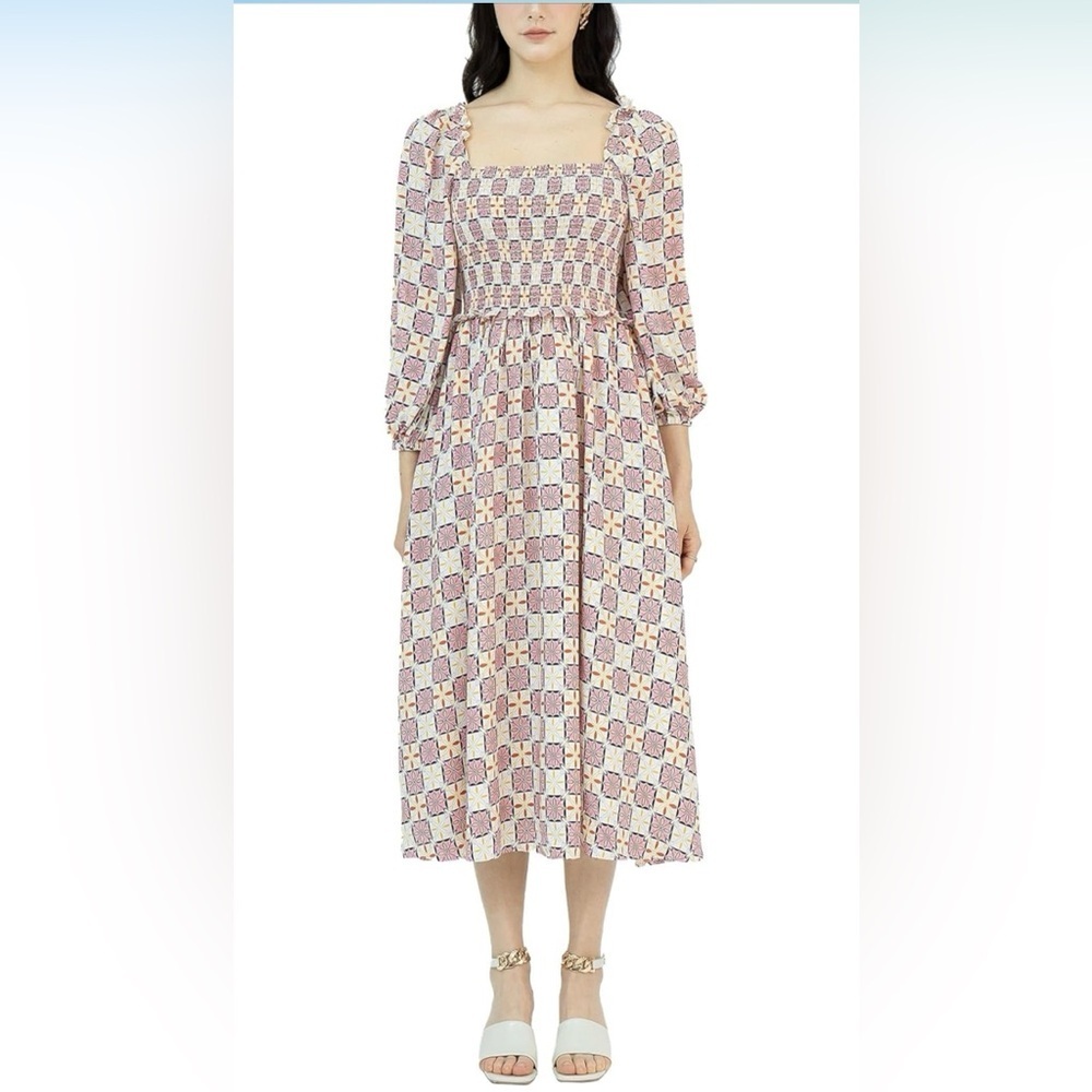 SIXDO Midi Dresses Smocked Long Sleeve Floral Elastic Cuffs Square Neck NWT